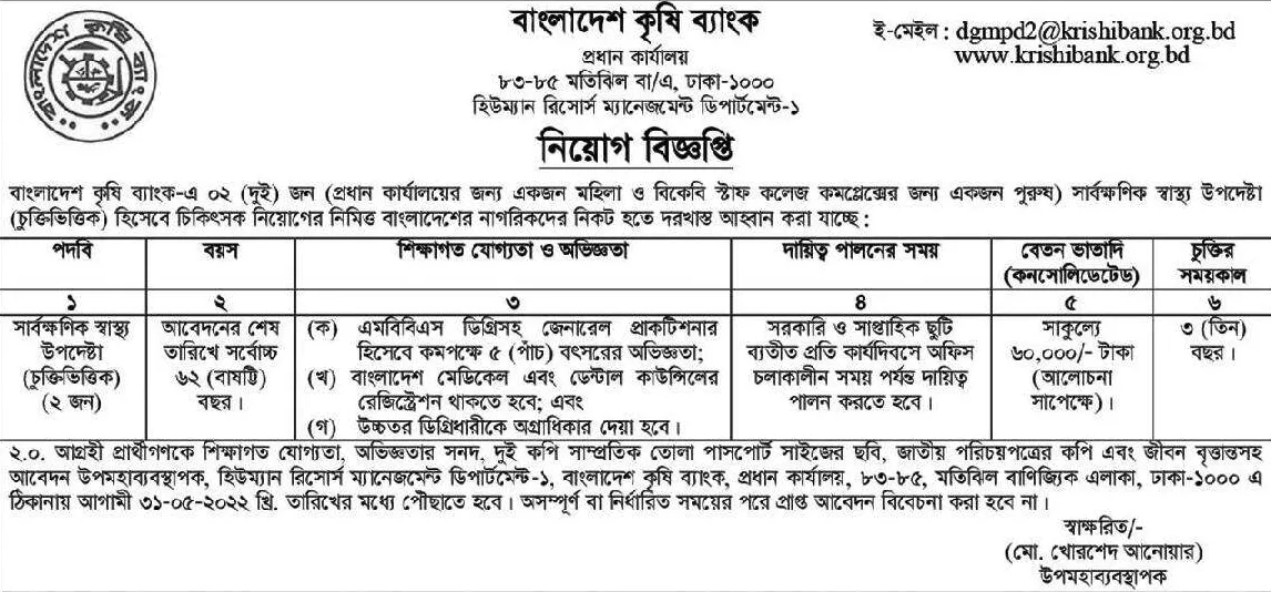 Bangladesh Krishi Bank Job Circular 2022 