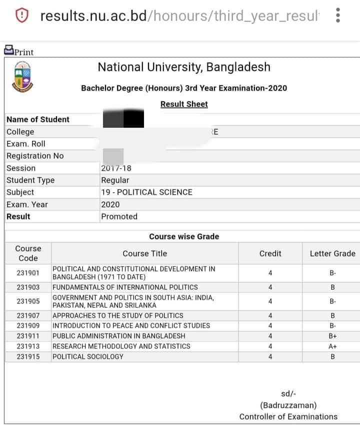 National University Honours 3rd Year Result published 2022