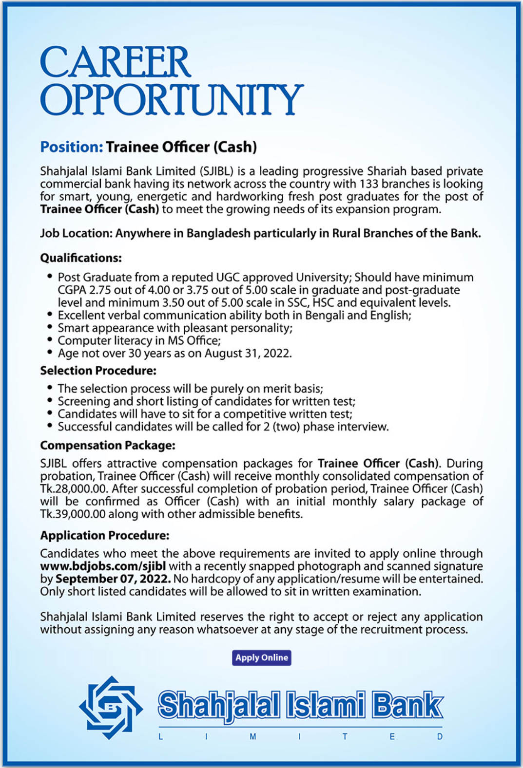 Shahjalal Islami Bank Limited Jobs Circular 2022